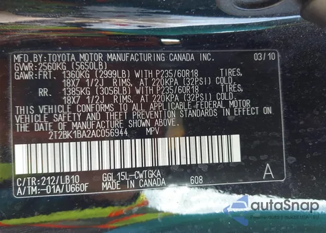 2010 Lexus Rx 350 from USA, damaged, VIN 2T2BK1BA2AC056944